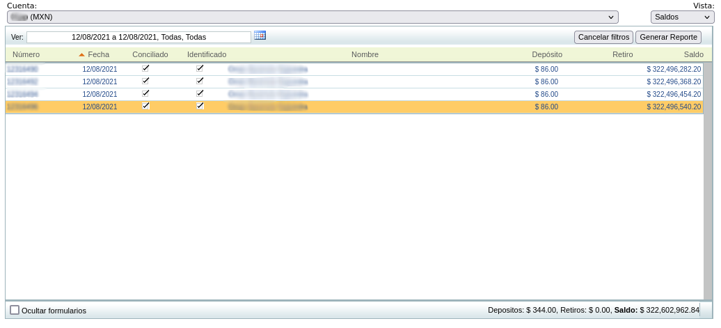 Tabla con comprobantes de pago de acuerdo a fecha